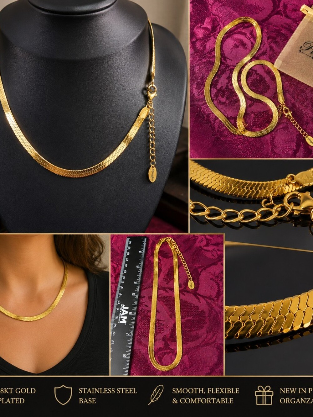 Plunder 18K Gold Plated Stainless Steel Herringbone Snake Chain Necklace - Picture 7 of 12